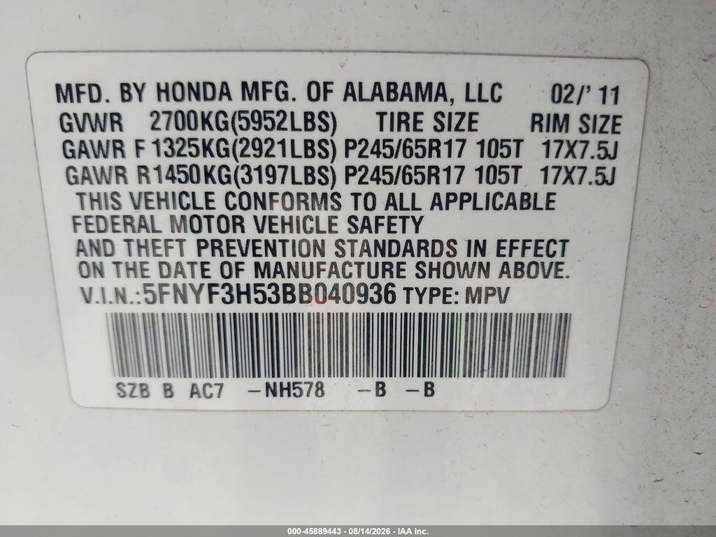 5FNYF3H53BB040936 2011 HONDA PILOT photo no. 9