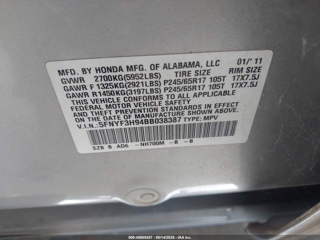 5FNYF3H94BB038387 2011 HONDA PILOT photo no. 9