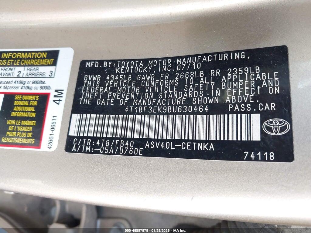 4T1BF3EK9BU630464 2011 TOYOTA CAMRY photo no. 9