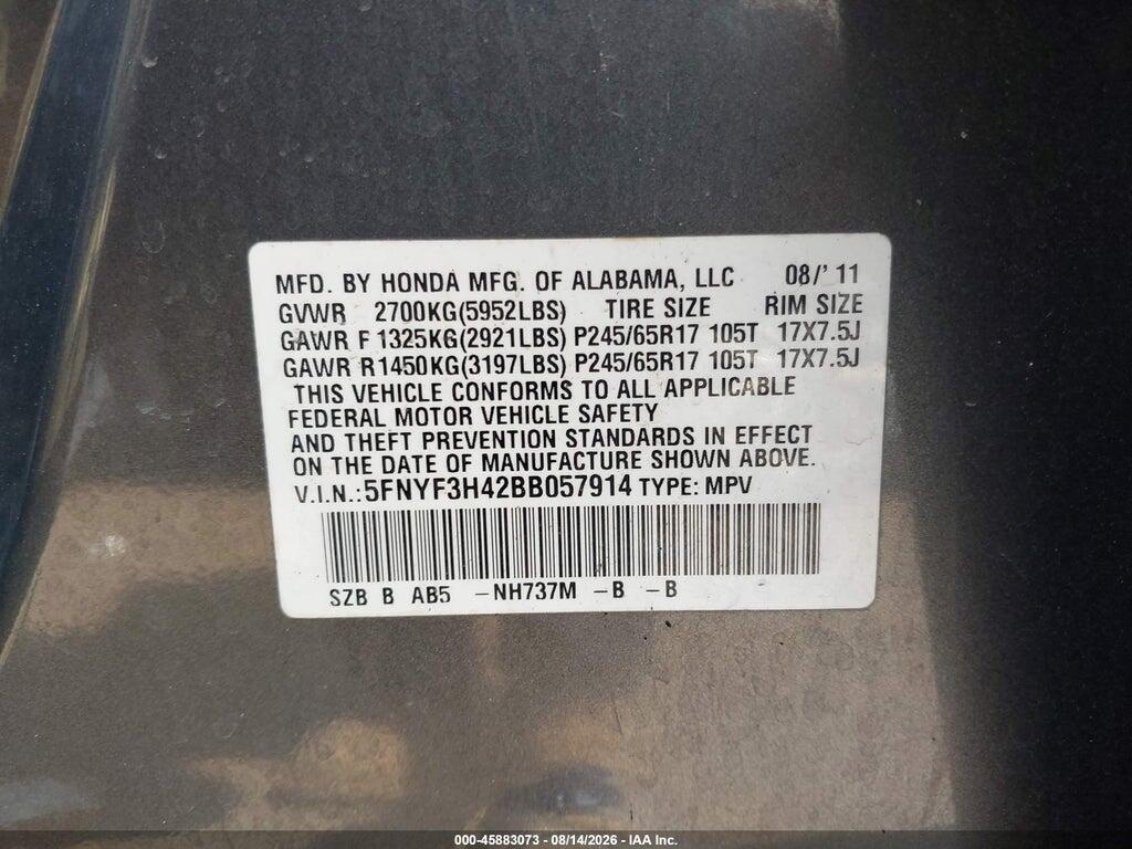 5FNYF3H42BB057914 2011 HONDA PILOT photo no. 9
