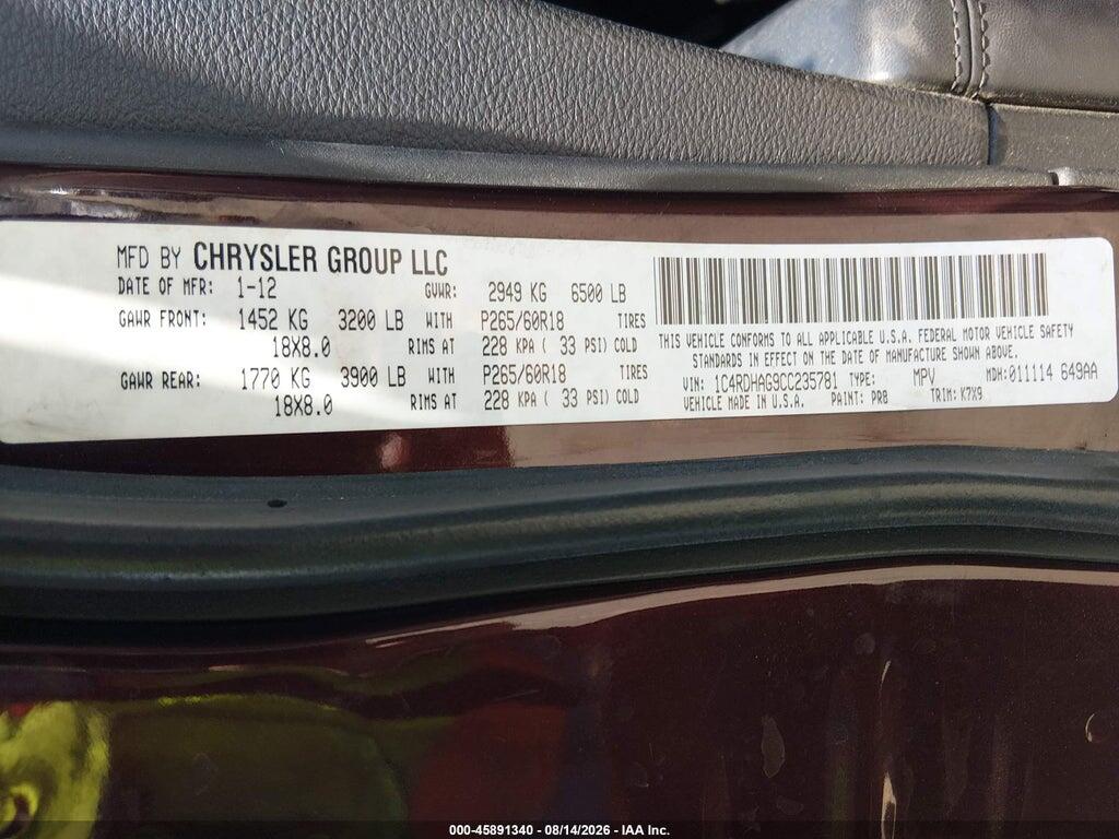 1C4RDHAG9CC235781 2012 DODGE DURANGO photo no. 9