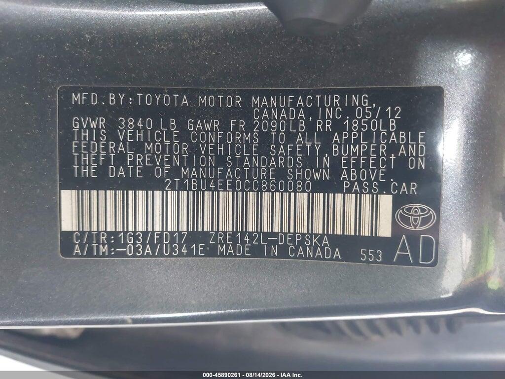 2T1BU4EE0CC860080 2012 TOYOTA COROLLA photo no. 9