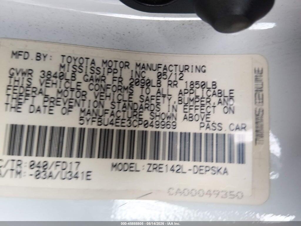 5YFBU4EE3CP049969 2012 TOYOTA COROLLA photo no. 9
