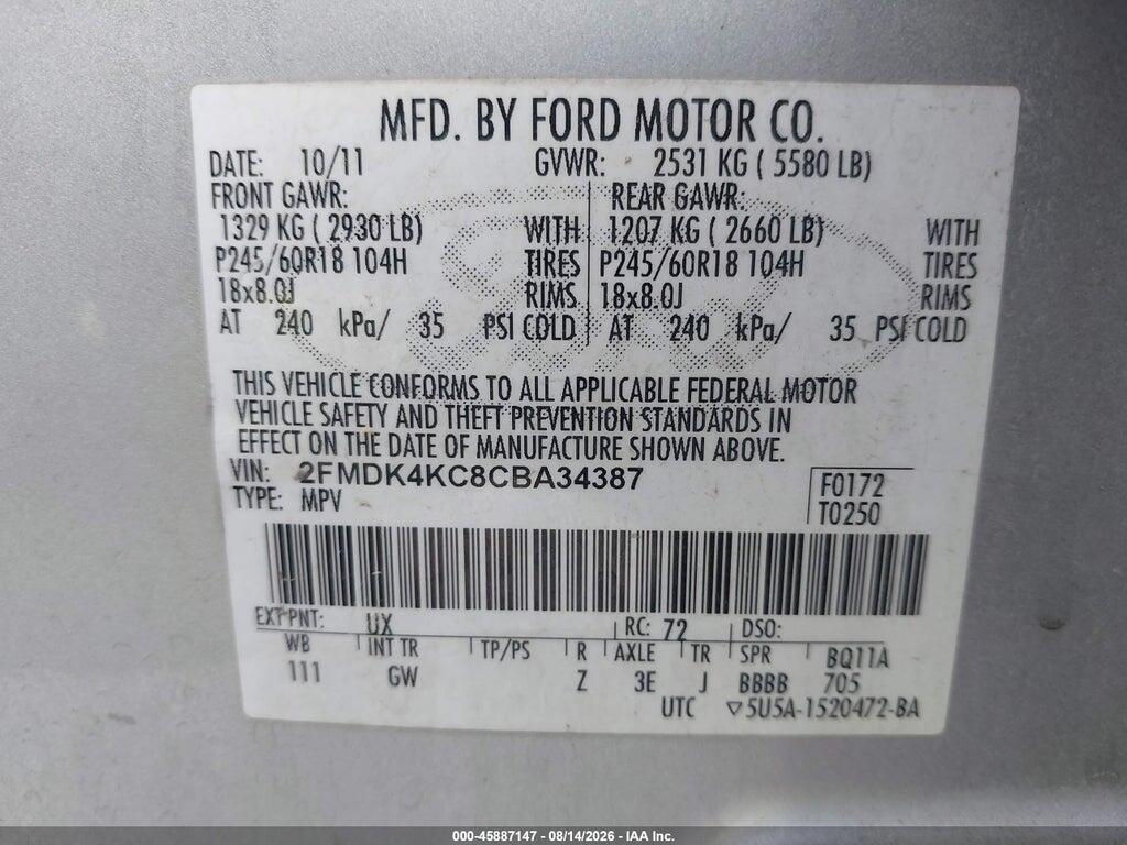 2FMDK4KC8CBA34387 2012 FORD EDGE photo no. 9