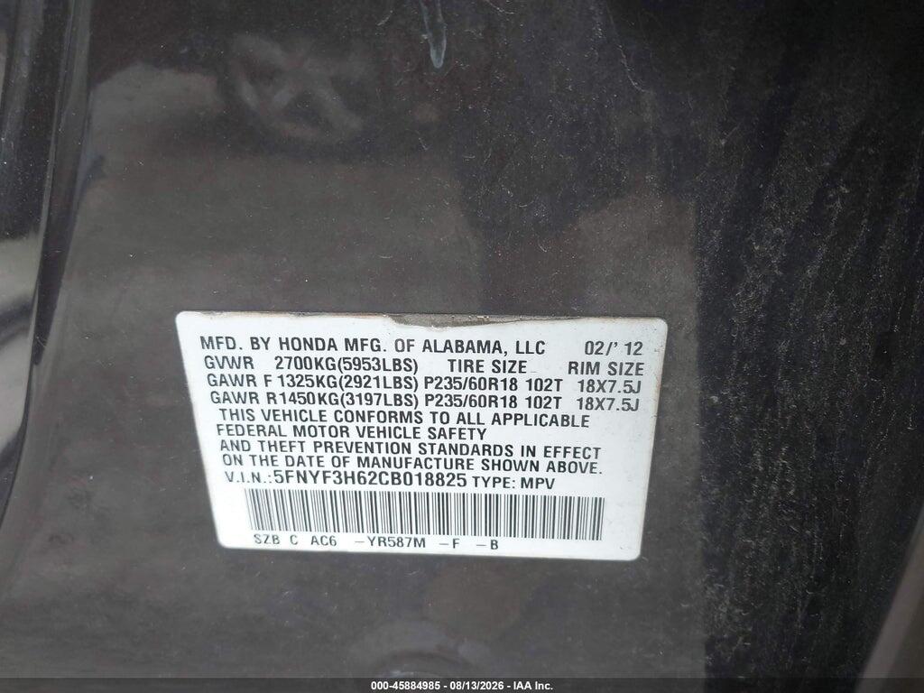 5FNYF3H62CB018825 2012 HONDA PILOT photo no. 9