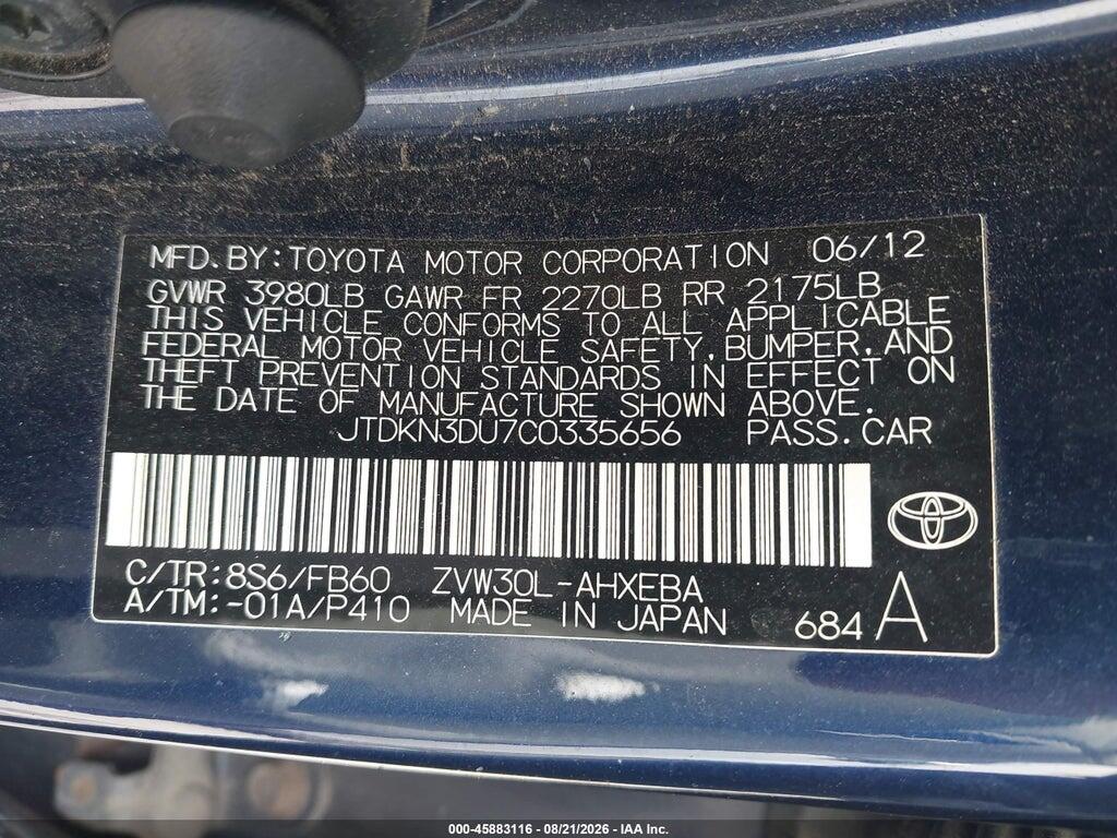 JTDKN3DU7C0335656 2012 TOYOTA PRIUS photo no. 9