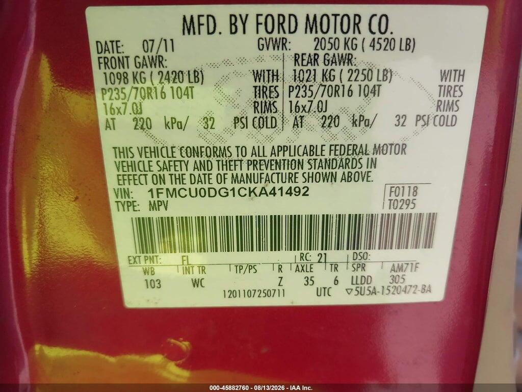 1FMCU0DG1CKA41492 2012 FORD ESCAPE photo no. 9