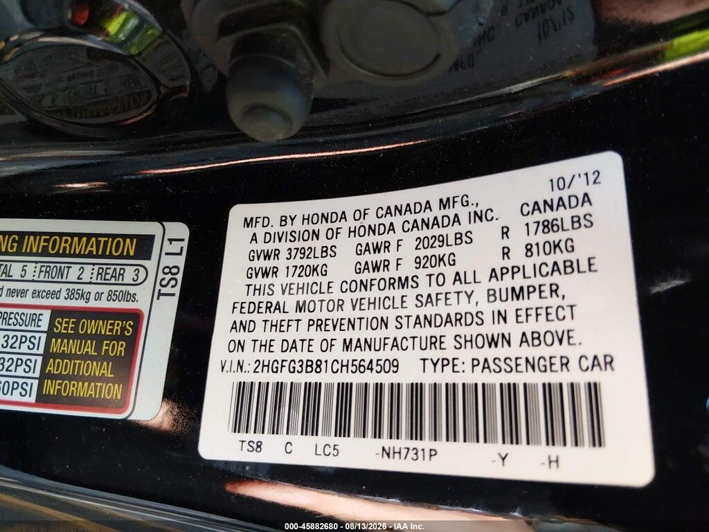 2HGFG3B81CH564509 2012 HONDA CIVIC photo no. 9