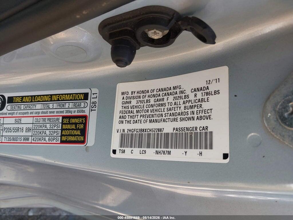 2HGFG3B8XCH522887 2012 HONDA CIVIC photo no. 9