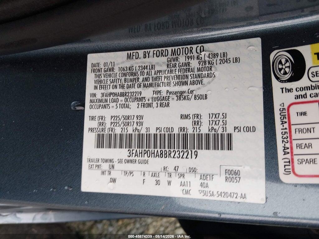 3FAHP0HA8BR232219 2011 FORD FUSION photo no. 9