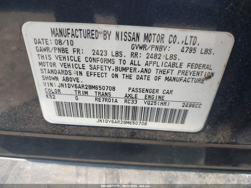 JN1DV6AR2BM650708 2011 INFINITI G25X photo no. 9