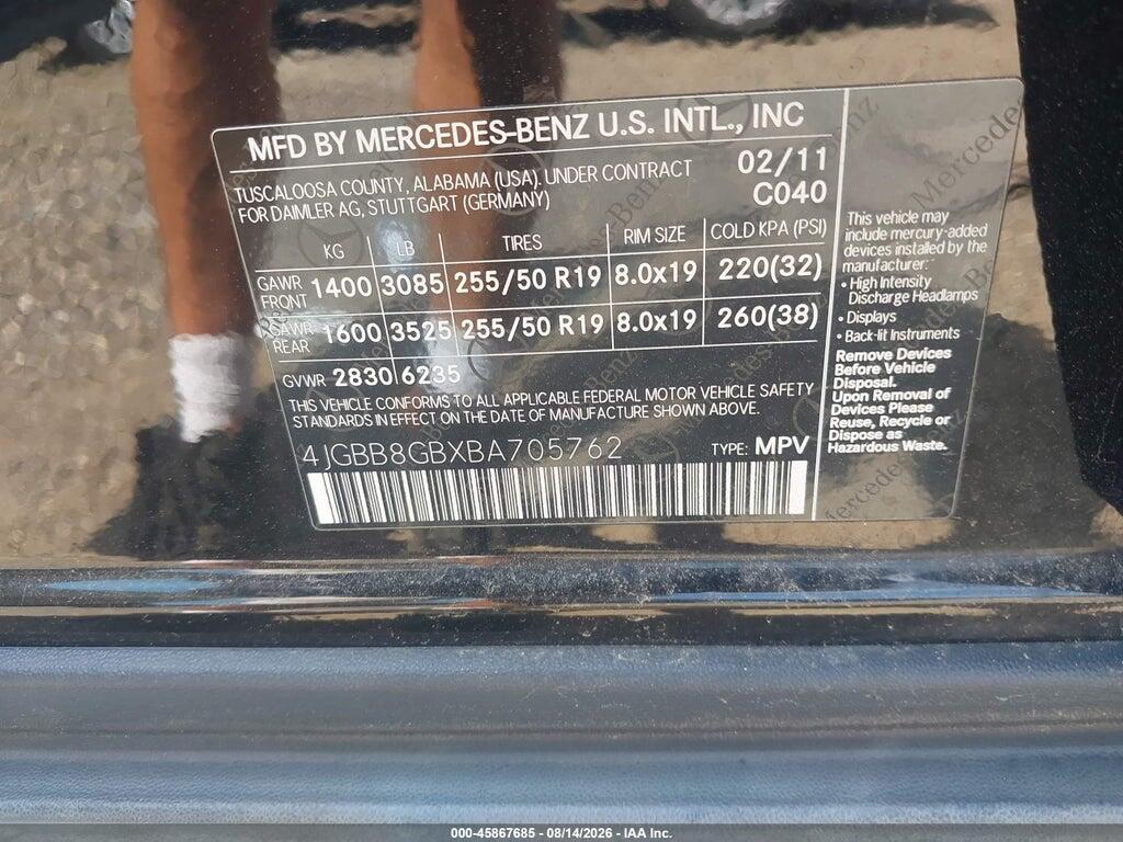 4JGBB8GBXBA705762 2011 MERCEDES-BENZ ML 350 photo no. 9