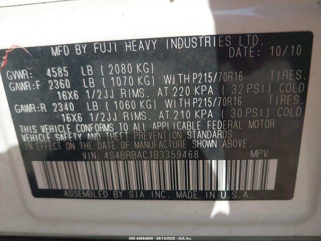 4S4BRBAC1B3359468 2011 SUBARU OUTBACK photo no. 9