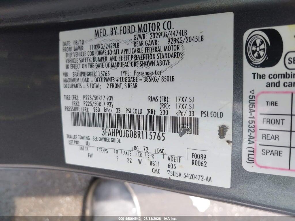 3FAHP0JG0BR115765 2011 FORD FUSION photo no. 9