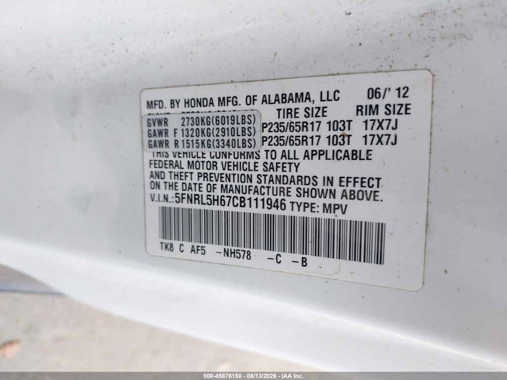 5FNRL5H67CB111946 2012 HONDA ODYSSEY photo no. 9
