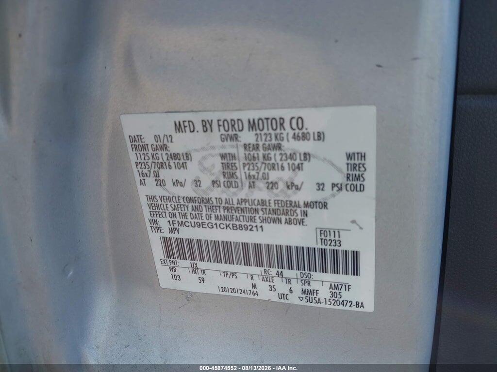 1FMCU9EG1CKB89211 2012 FORD ESCAPE photo no. 9