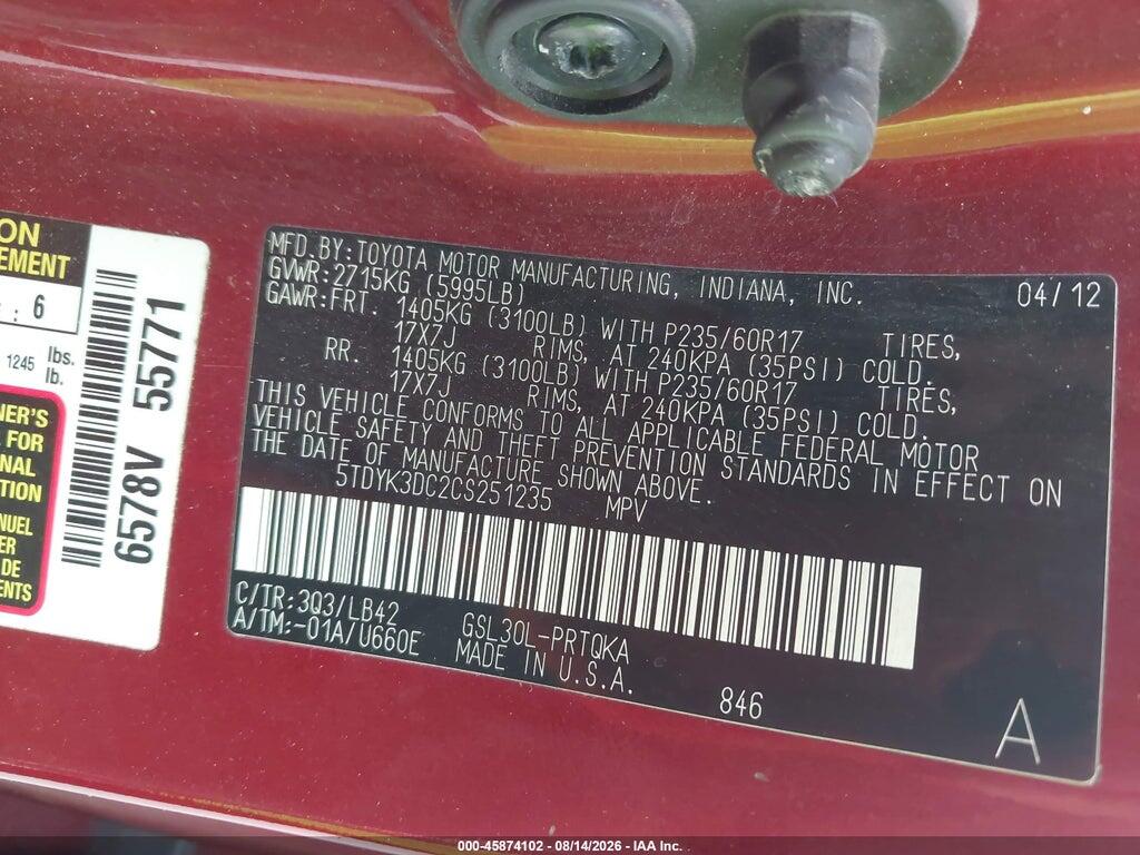 5TDYK3DC2CS251235 2012 TOYOTA SIENNA photo no. 9