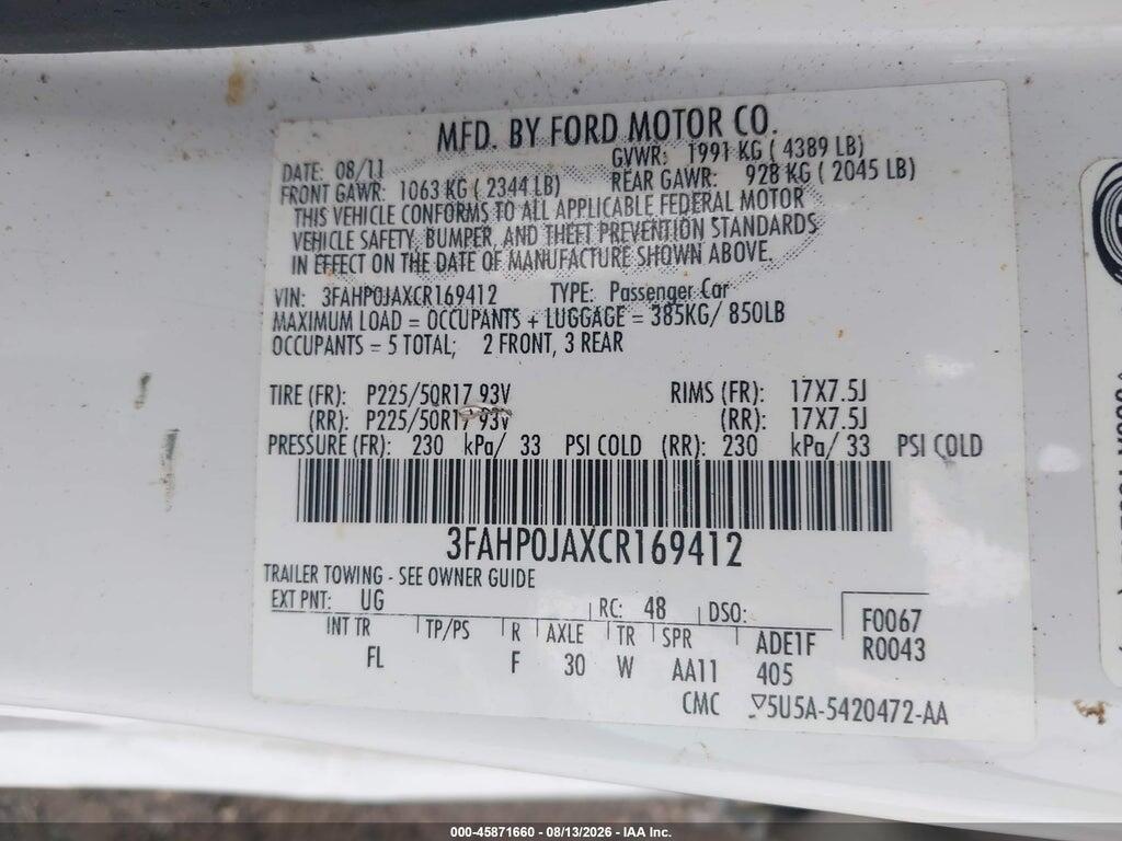 3FAHP0JAXCR169412 2012 FORD FUSION photo no. 9