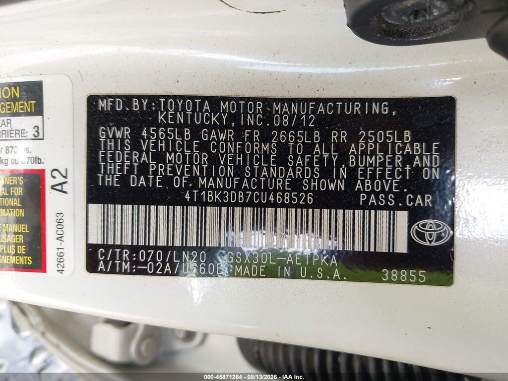 4T1BK3DB7CU468526 2012 TOYOTA AVALON photo no. 9