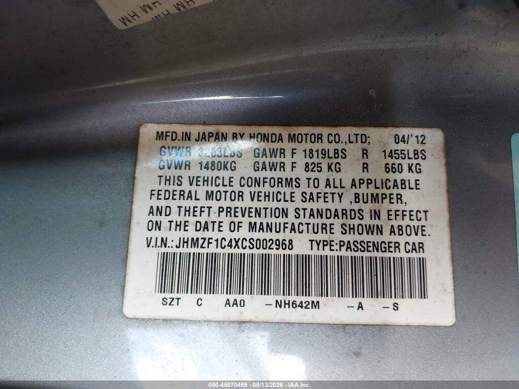 JHMZF1C4XCS002968 2012 HONDA CR-Z photo no. 9