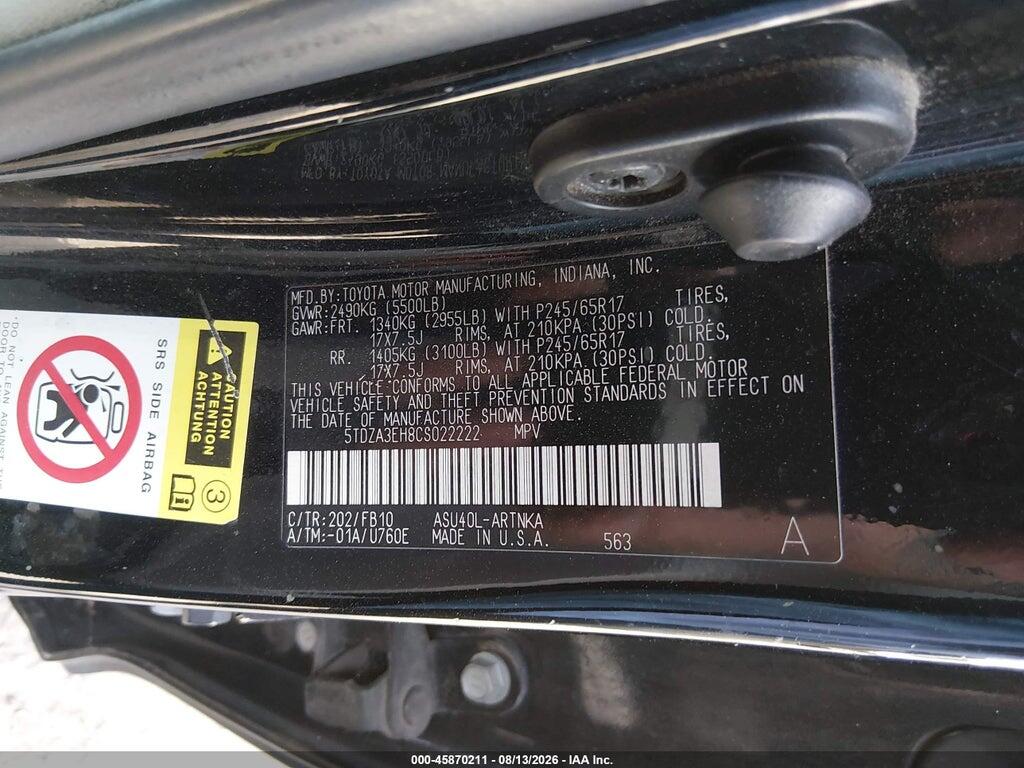 5TDZA3EH8CS022222 2012 TOYOTA HIGHLANDER photo no. 9
