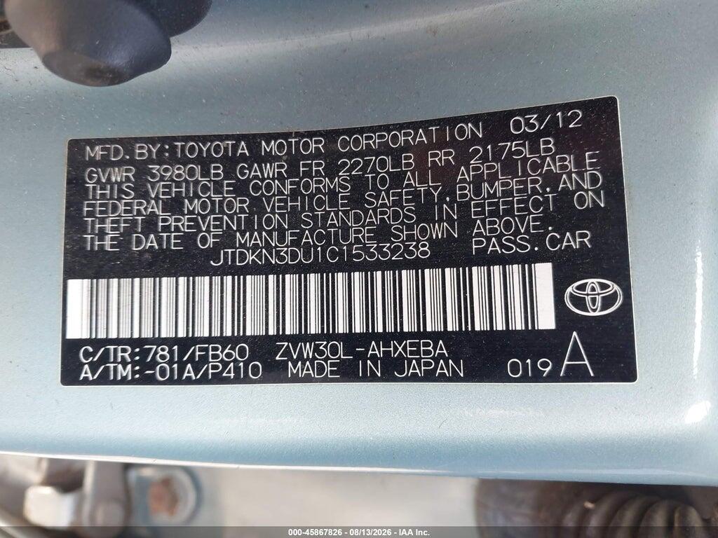 JTDKN3DU1C1533238 2012 TOYOTA PRIUS photo no. 9