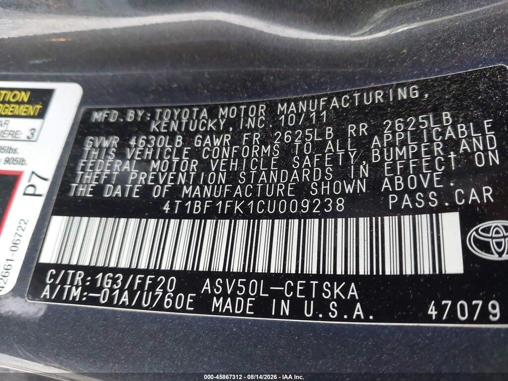 4T1BF1FK1CU009238 2012 TOYOTA CAMRY photo no. 9