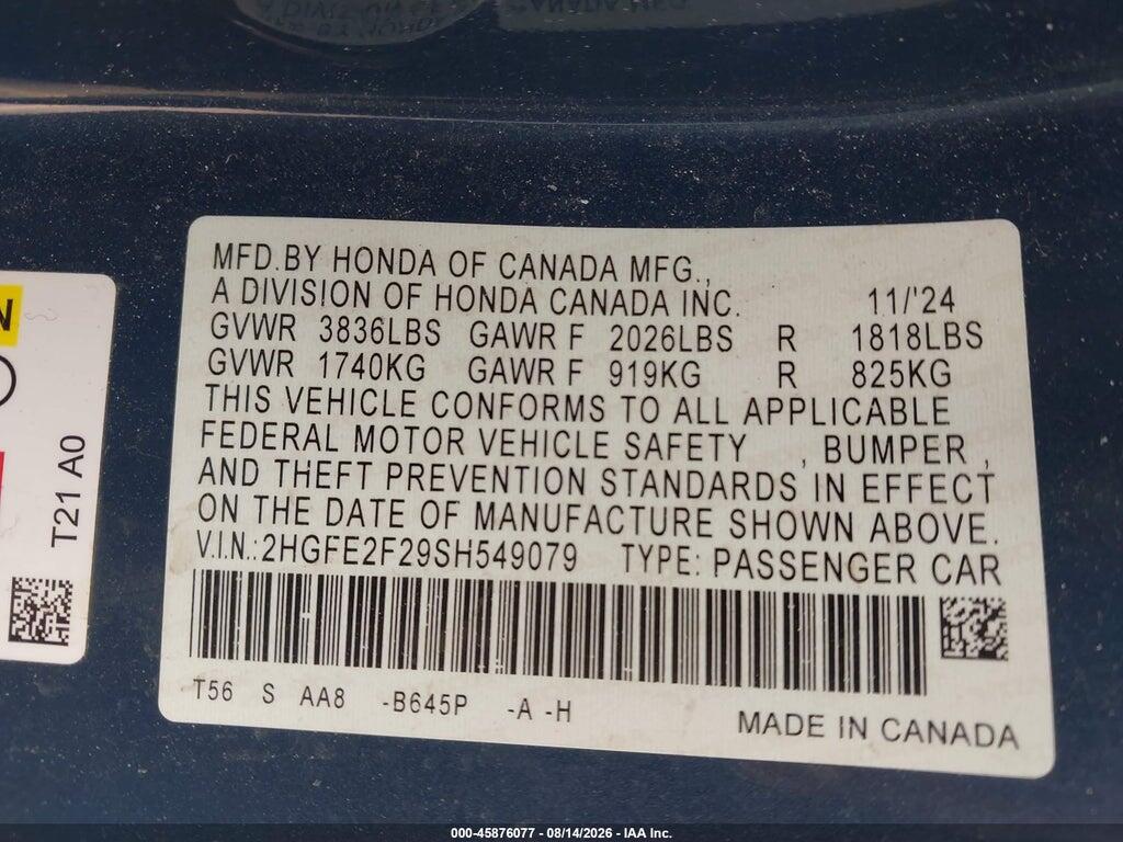 2HGFE2F29SH549079 2025 HONDA CIVIC photo no. 9