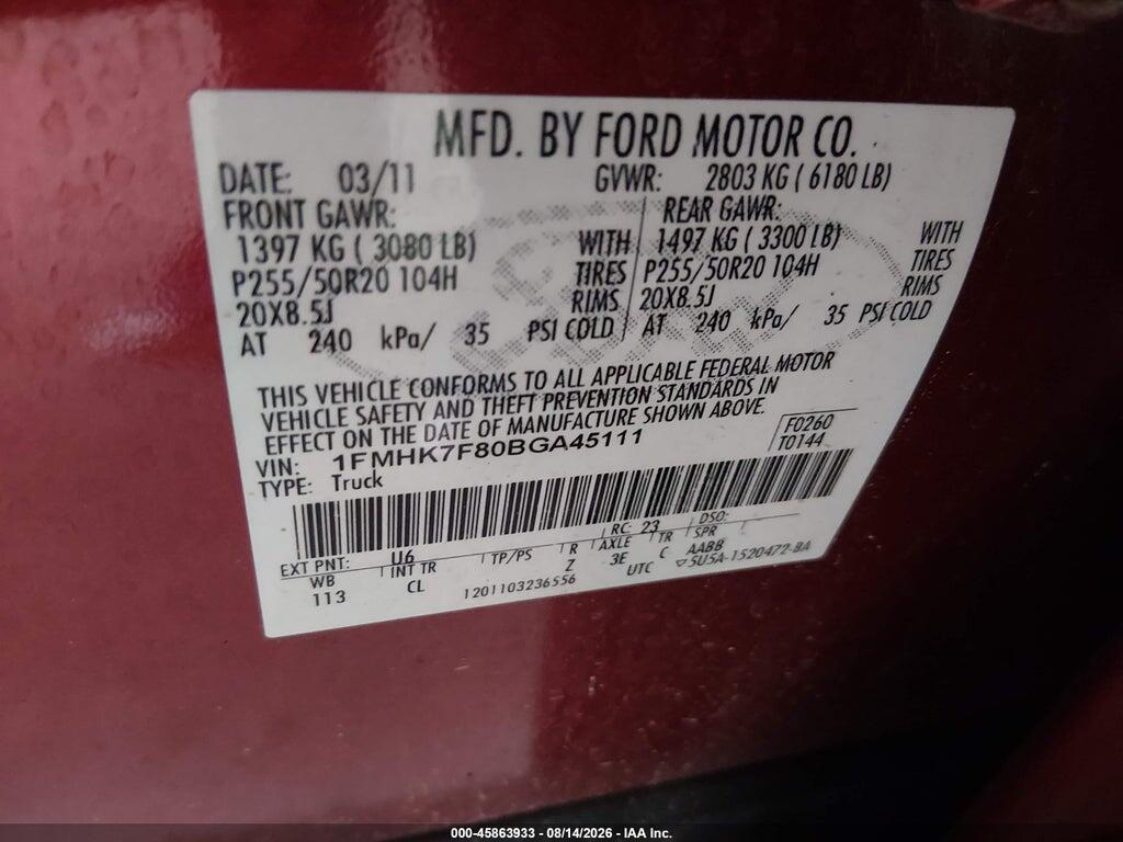 1FMHK7F80BGA45111 2011 FORD EXPLORER photo no. 9