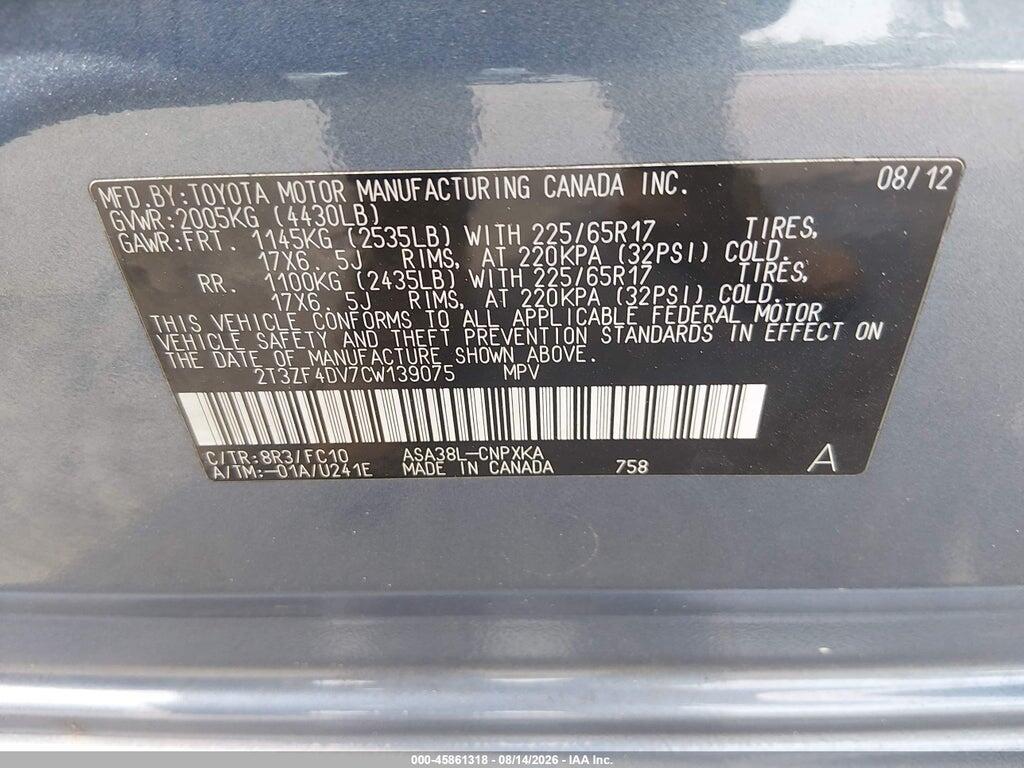 2T3ZF4DV7CW139075 2012 TOYOTA RAV4 photo no. 9