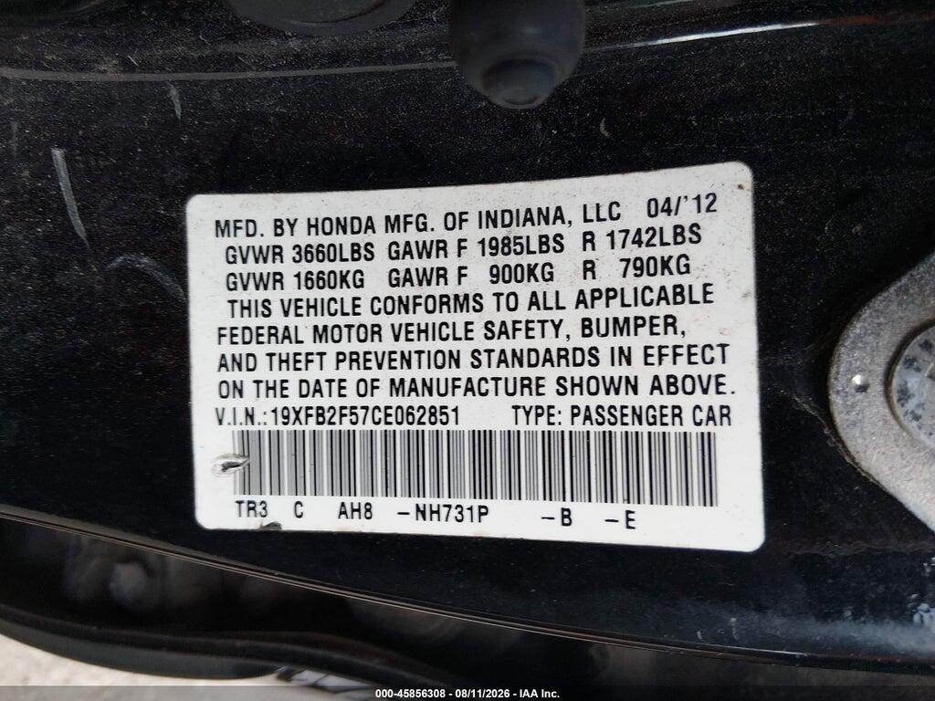 19XFB2F57CE062851 2012 HONDA CIVIC photo no. 9