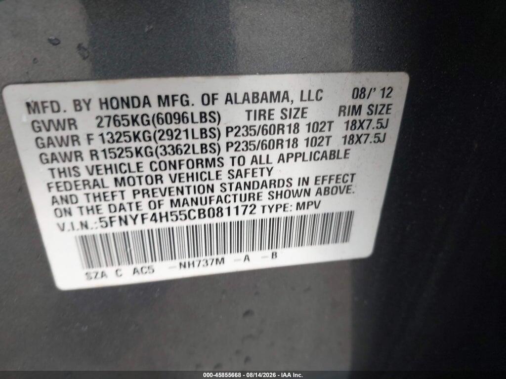 5FNYF4H55CB081172 2012 HONDA PILOT photo no. 9