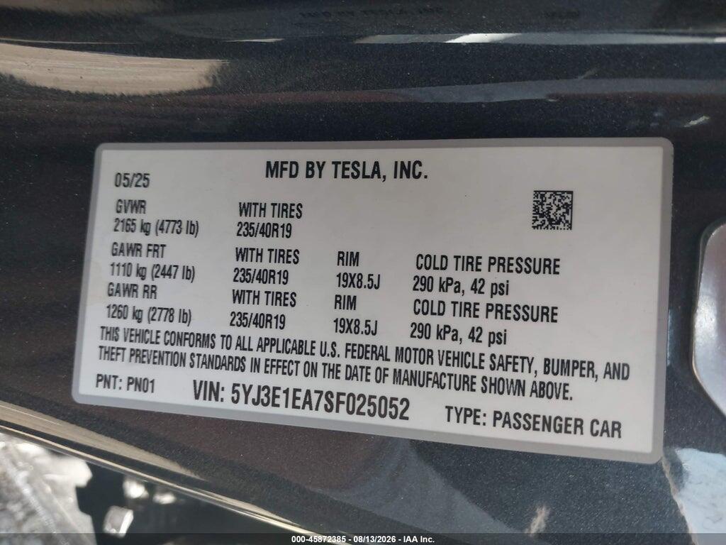5YJ3E1EA7SF025052 2025 TESLA MODEL 3 photo no. 9