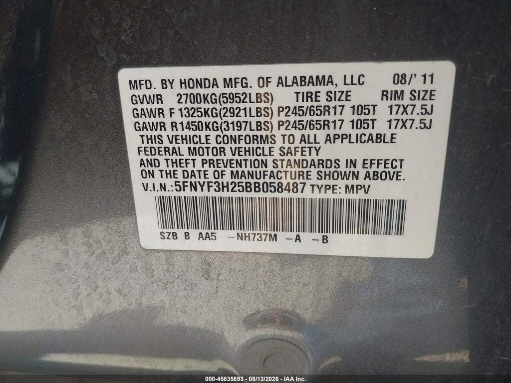 5FNYF3H25BB058487 2011 HONDA PILOT photo no. 9