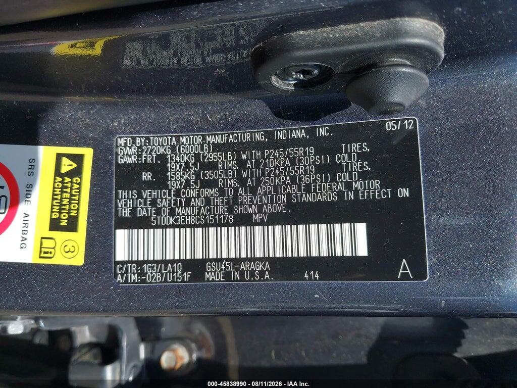 5TDDK3EH8CS151178 2012 TOYOTA HIGHLANDER photo no. 9