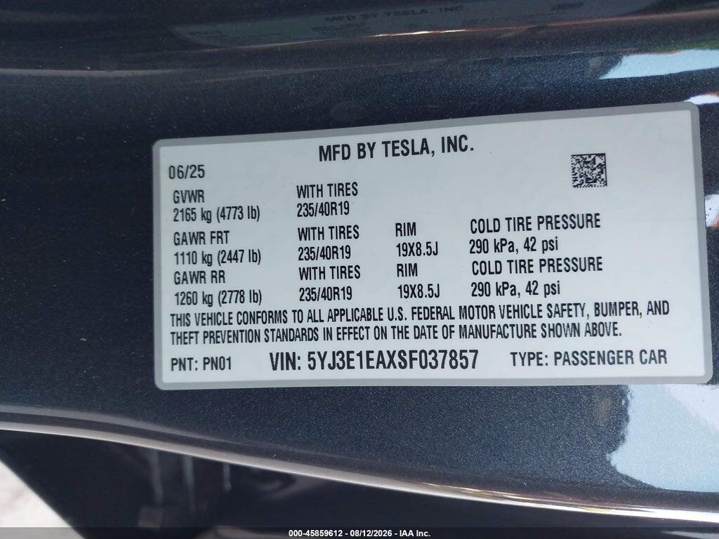 5YJ3E1EAXSF037857 2025 TESLA MODEL 3 photo no. 9
