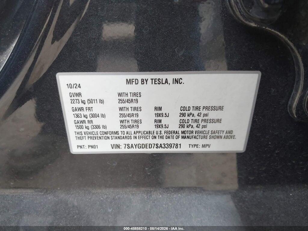 7SAYGDED7SA339781 2025 TESLA MODEL Y photo no. 9