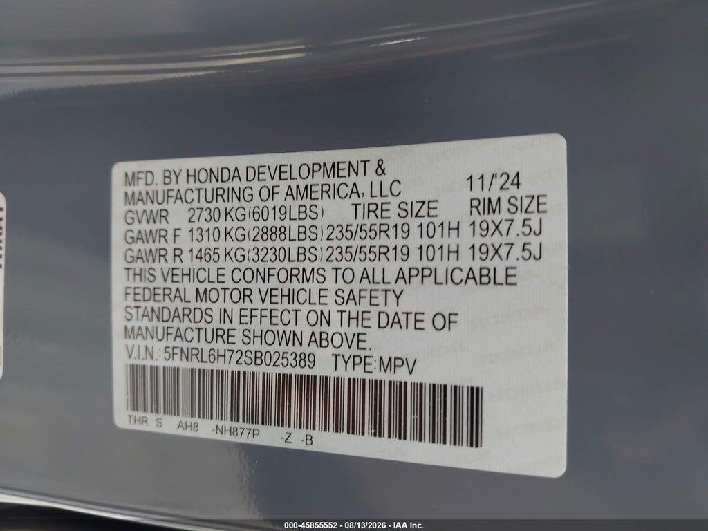 5FNRL6H72SB025389 2025 HONDA ODYSSEY photo no. 9