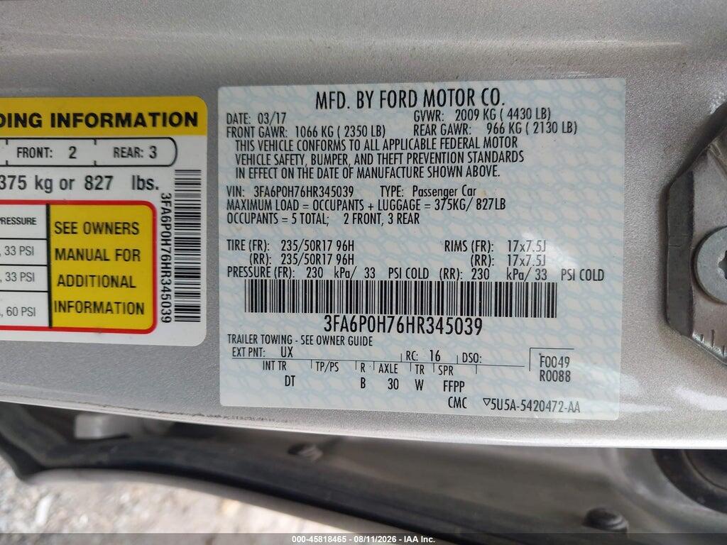 3FA6P0H76HR345039 2017 FORD FUSION photo no. 9