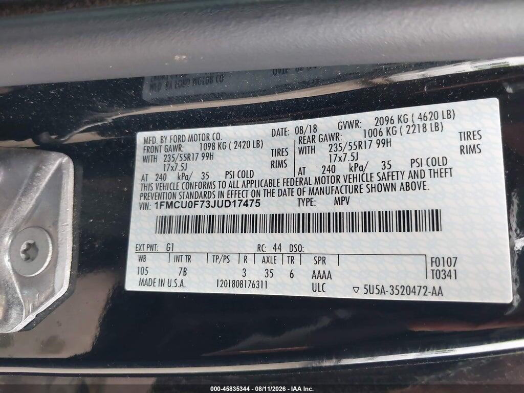 1FMCU0F73JUD17475 2018 FORD ESCAPE photo no. 9