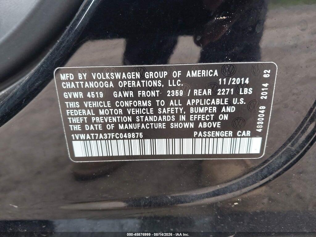 1VWAT7A37FC049875 2015 VOLKSWAGEN PASSAT photo no. 9