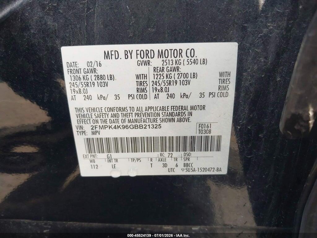2FMPK4K96GBB21325 2016 FORD EDGE photo no. 9