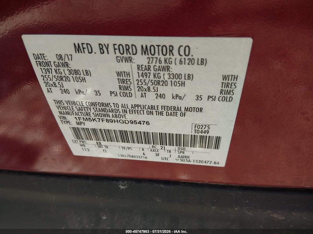 1FM5K7F89HGD95476 2017 FORD EXPLORER photo no. 9