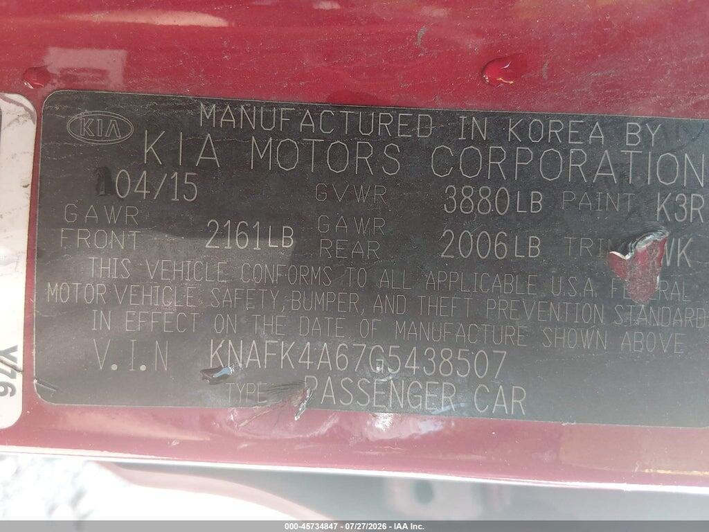 KNAFK4A67G5438507 2016 KIA FORTE photo no. 9