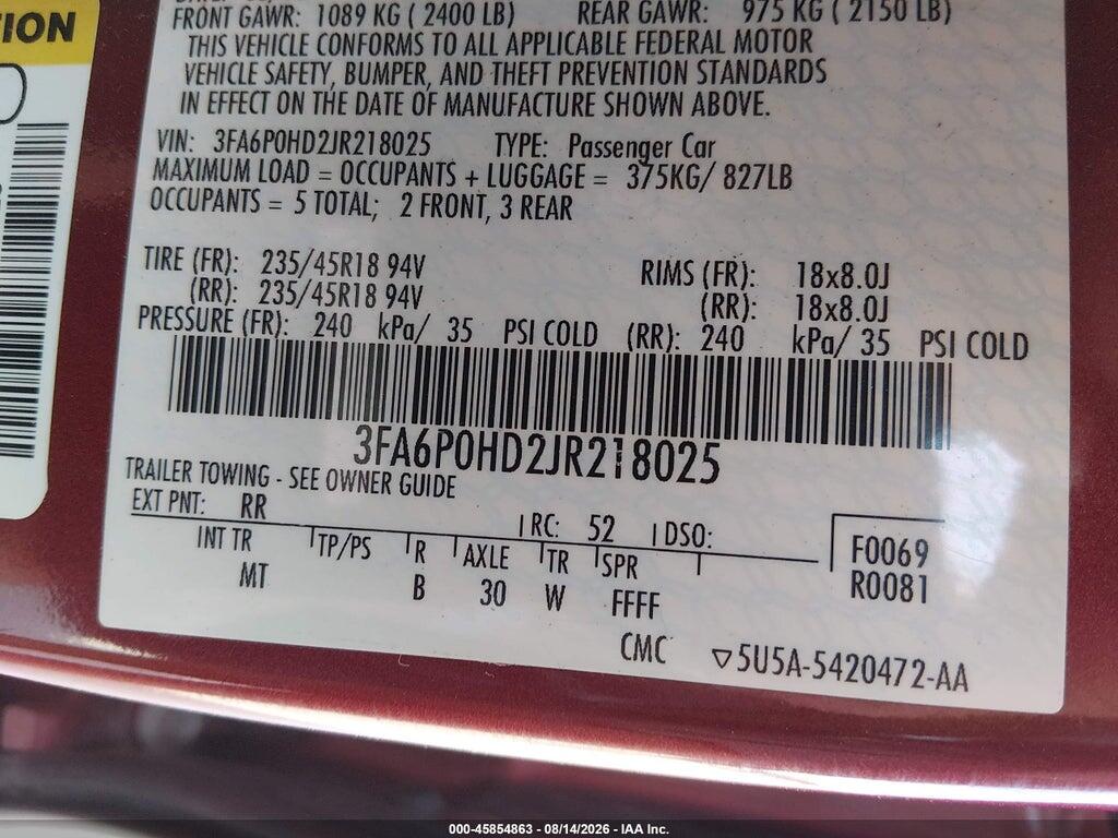 3FA6P0HD2JR218025 2018 FORD FUSION photo no. 9