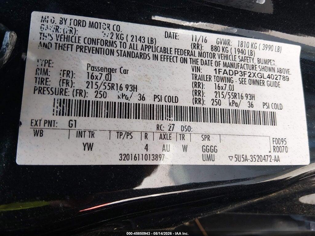 1FADP3F2XGL402789 2016 FORD FOCUS photo no. 9