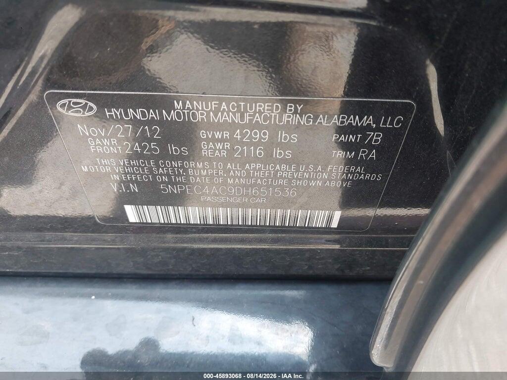 5NPEC4AC9DH651536 2013 HYUNDAI SONATA photo no. 9
