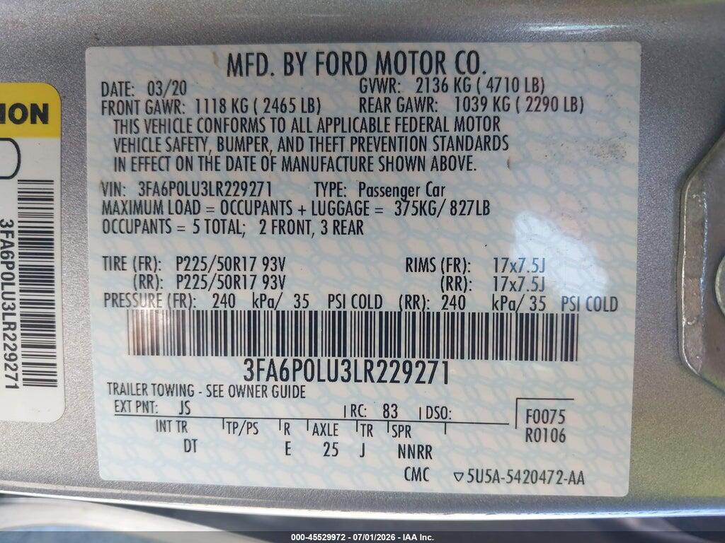3FA6P0LU3LR229271 2020 FORD FUSION photo no. 9