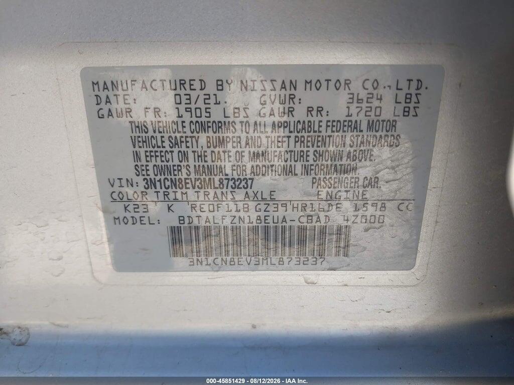 3N1CN8EV3ML873237 2021 NISSAN VERSA photo no. 9