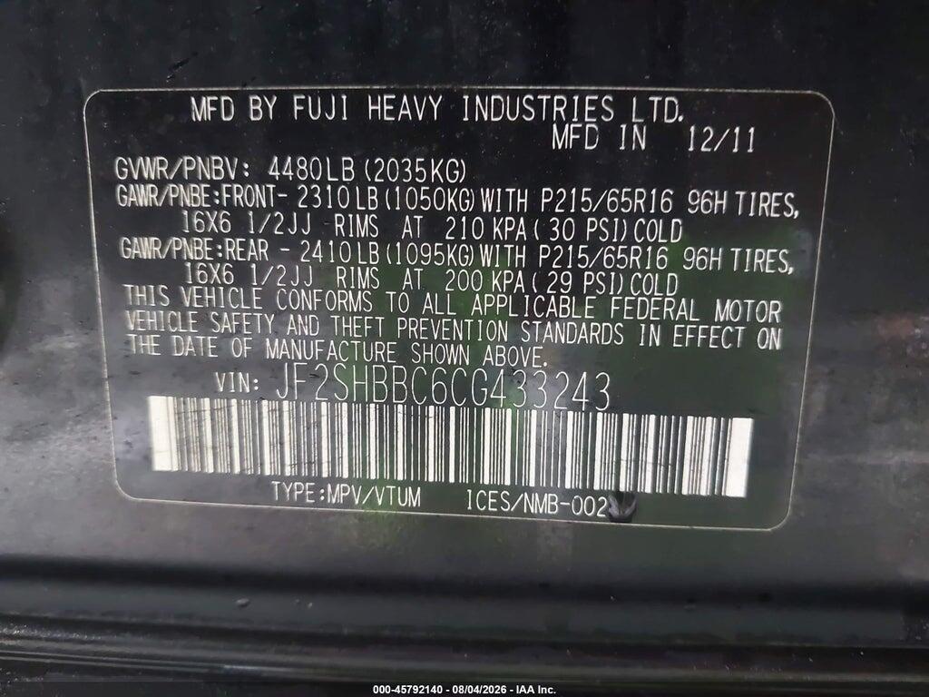 JF2SHBBC6CG433243 2012 SUBARU FORESTER photo no. 9